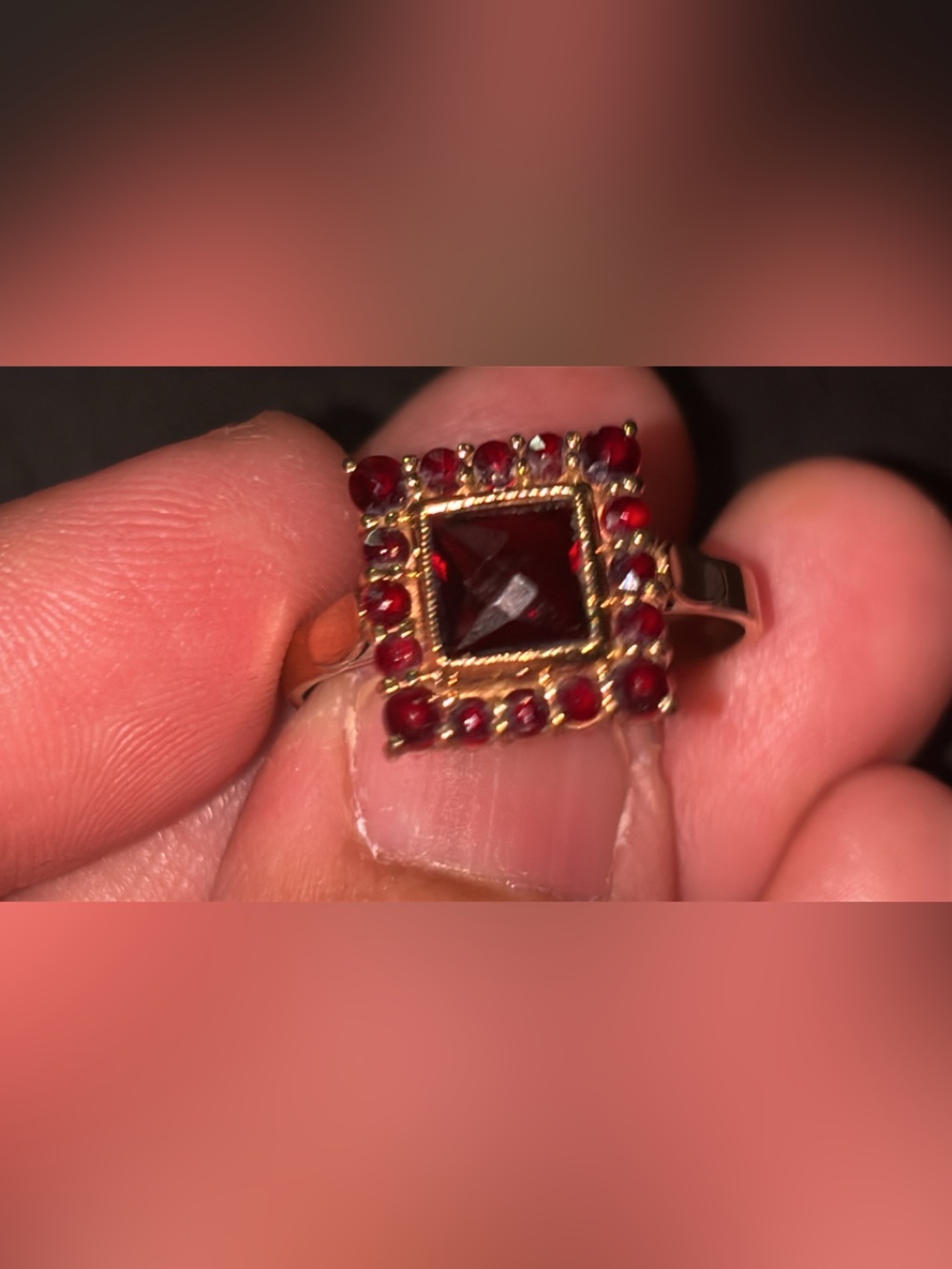 Vintage 9K Gold Garnet Square Halo Ring - Women's Garnet Statement Ring